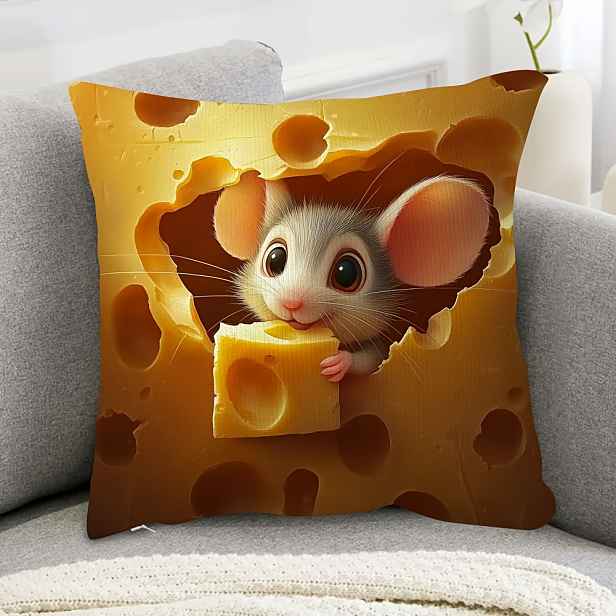 TEMU 1 Roztomilý Polštářový Potah s Designem Myšky a Sýra, 45x45 cm, Jednostranná Polyesterová Látka se Zapínáním na Zip – Roztomilá Kreslená Myška