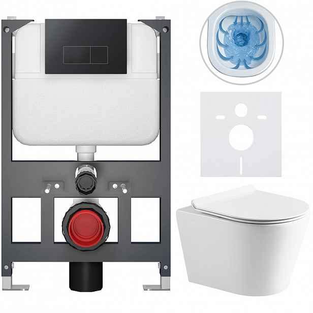 Kompletní WC set Basic/Carlito - bílá lesklá - WC tlačítko Modulo/Černá - závěsné - nízký modul - předstěnová instalace - 48,5x36,5 cm