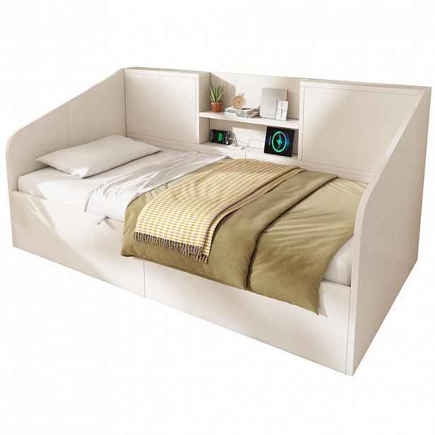 Modfu DENNÍ postel z MDF a masivního dřeva 90x190 cm bílá s hydraulickým úložným prostorem, USB a Type-C nabíjením