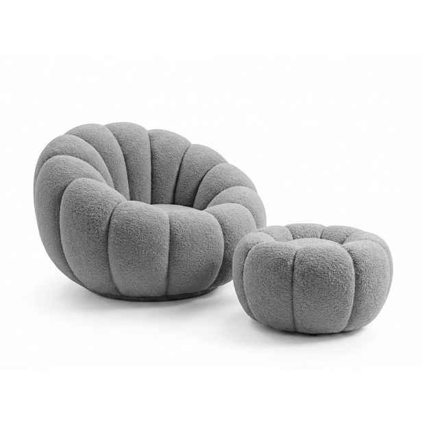 Otočné designové křeslo BLOOM s taburetem, šedá
