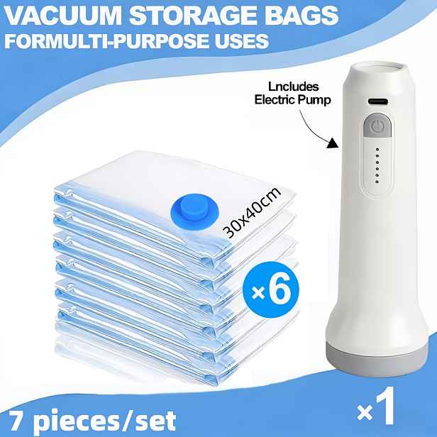 TEMU 7dílná sada - Různé velikosti, vakuové kompresní sáčky a USB elektrická vzduchová pumpa, s nabíjecím , 1500mAh ultra dlouhá výdrž baterie,