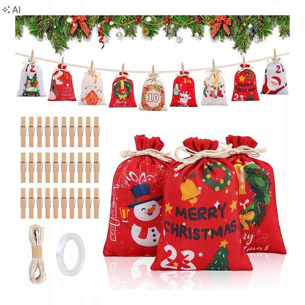 Adventní kalendář k vyplnění 24 Diy tašek s dřevěnými klipy