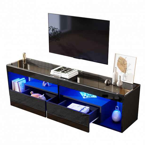 Modfu TV stolek z laminované dřevotřísky a tvrzeného skla 180x40x46 cm černý s LED osvětlením