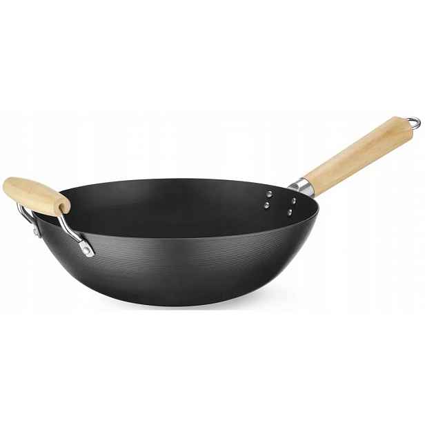 Wok z uhlíkové oceli s dřevěnými úchyty, průměr 324 mm