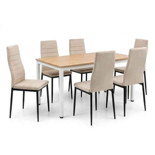 Jídelní set Loft: Stůl 120x60 cm (dub sonoma) 6 béžových sametových židlí Axell
