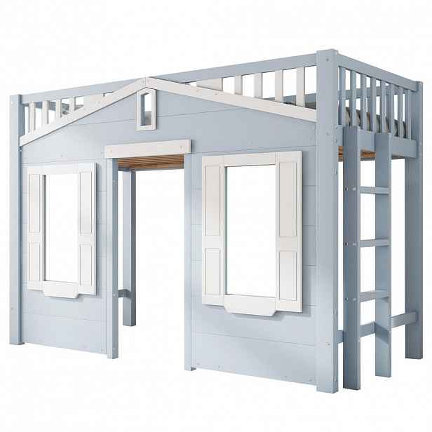 Modfu DĚTSKÁ vysoká postel z masivu a MDF 90x200 cm bílá a modrá s oboustranným schodištěm a prostorem pod lůžkem