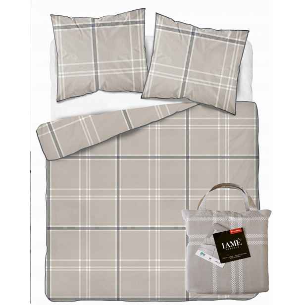Povlečení Bavlněné Perkálové 220x200 Béžová Mřížka Elegantní s lemováním