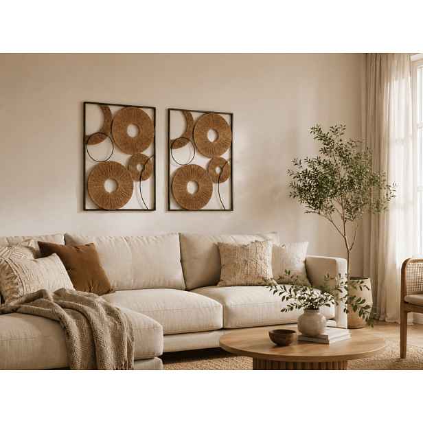 Sada 2 ks nástěnné dekorace CIRCLES kov 48x68 cm, hnědá