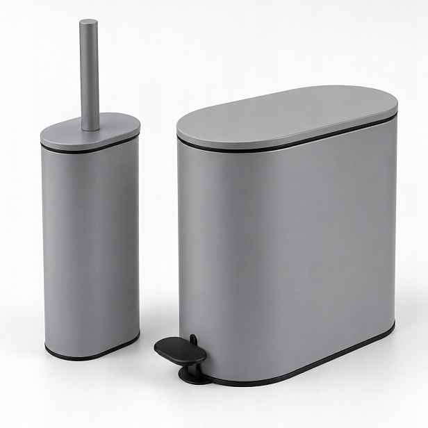 Koupelnový set odpadkový koš 5 l s pedálem Wc kartáč šedý matný oválný