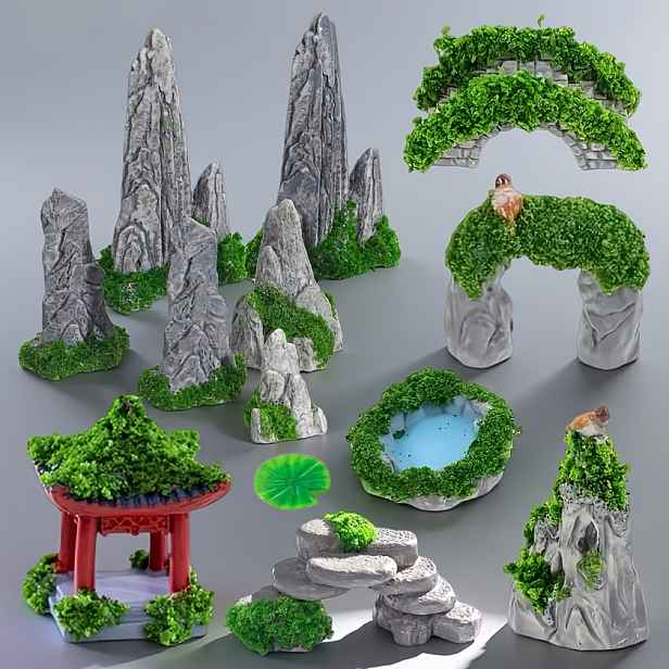 TEMU 13 ks Zahradní Kameny a Figurky – Pryskyřičné Miniatury Krajiny s Miniaturními Sochami Vhodné pro Zen Zahrady, Dekorace do Akvárií, Stolní Zen