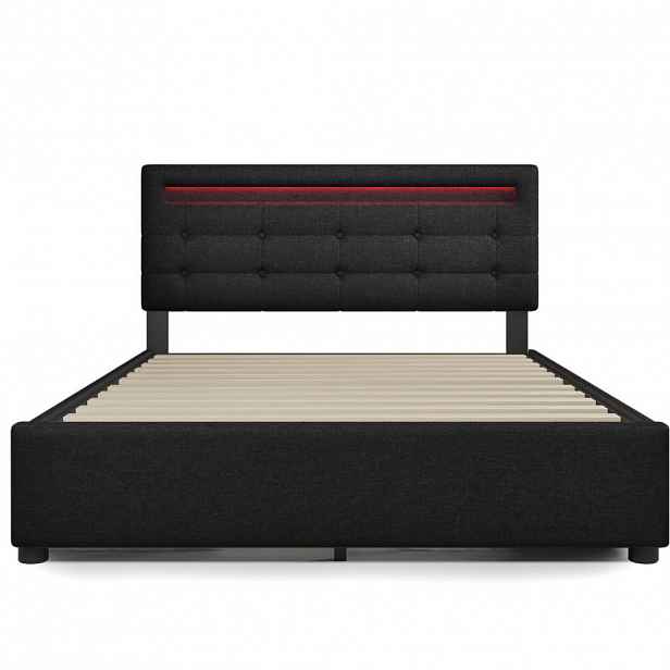 Modfu ČALOUNĚNÁ postel ze lnu 140x200 cm černá s LED osvětlením, matrací, 4 zásuvkami a nastavitelným čelem