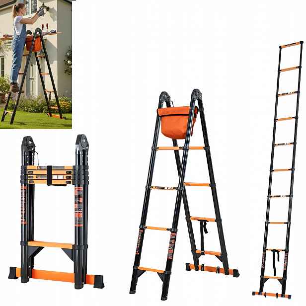 Teleskopický žebřík s nářadím a kolečky 2x5 Schodů, Max. 150 Kg, uhlíková ocel