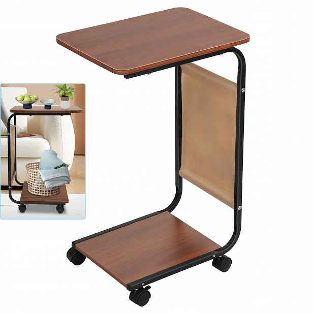 Mobilní Odkládací Stolek 63 CM Pod Notebook/pohovku, Polička Kapsa, Ořech