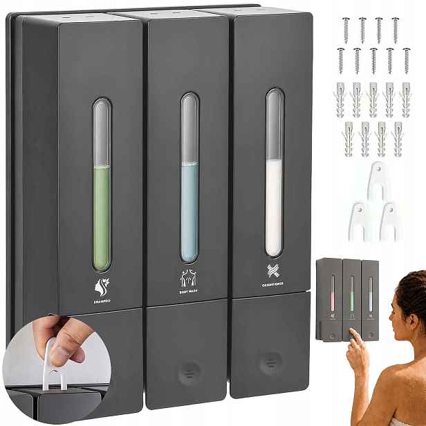 Dávkovač Na Nádobí A Mýdlo Gelového Šamponu Do Sprchy Nástěnný Šedý 3X400 ML