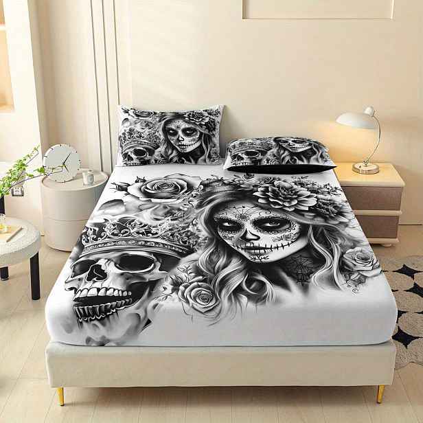 TEMU 3dílná sada prostěradel s potiskem Skeleton King, prostěradlo na matraci Queen, chránič matrace Twin, ložní prádlo ve stylu King Queen,