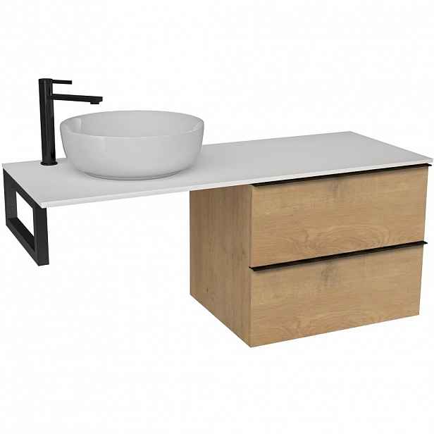 Koupelnová skříňka Velora - dub medový, úchytka černá + deska z lit. mramoru Elanys - 12 mm + konzole černá - 140x54,2x46,5 cm