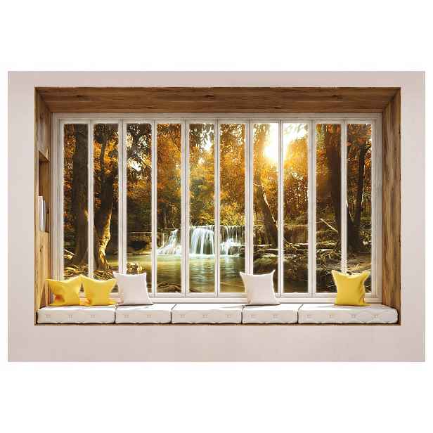 Fototapeta Podzimní les s oknem vodopád Slunce příroda relaxace 200x140 lepidlo