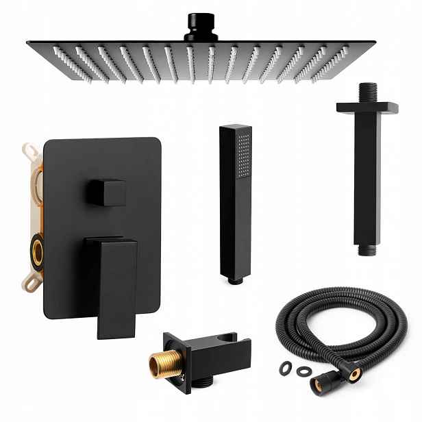 Černý Podomítkový Sprchový Set Stropní Dešťová Baterie 25 CM