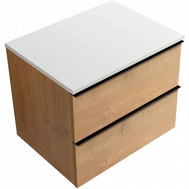 Koupelnová skříňka Velora - dub medový, úchytka černá + deska z lit. mramoru Elanys - 12 mm - bílá matná - 70x54,2x46,5 cm