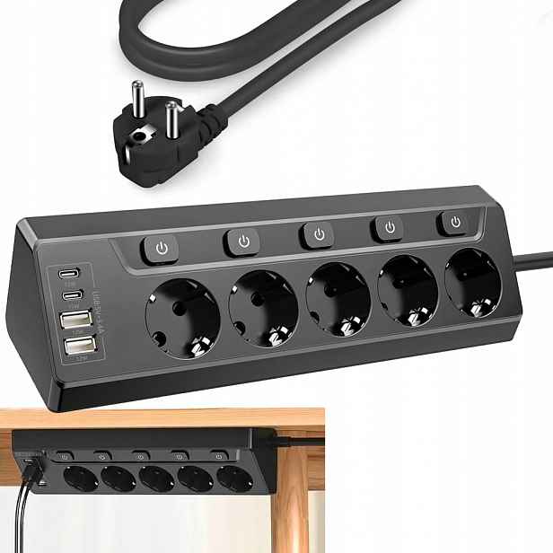 Prodlužovací Kabel Zásuvková Lišta 2 M 5 Zásuvek Uzemnění 4XUSB Černý Vypínač