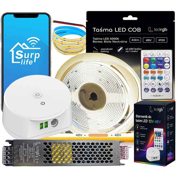 Sada Led pásků Cob 48V 40m 480 diod 4000K Bílá Ovladač Dálkový Ovladač Napájecí Zdroj