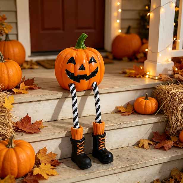 TEMU Dekorativní soška dýně z pryskyřice na Halloween, roztomilá ozdoba Jack-o'-Lantern, závěsná s pruhovanými dlouhými a oranžovými čarodějnickými