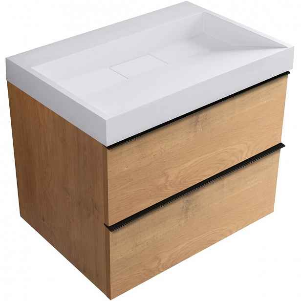 Koupelnová skříňka Velora - dub medový, úchytka černá + umyvadlo z lit. mramoru Vita - bílá matná - 70x63x46,5 cm