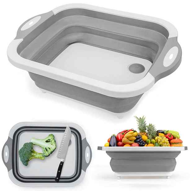 Royal Kitchen RK-3972 Skládací multifunkční prkénko, Miska 3v1 27x21,7cm / 38,7 x 29 x 11,8cm, šedo-bílá