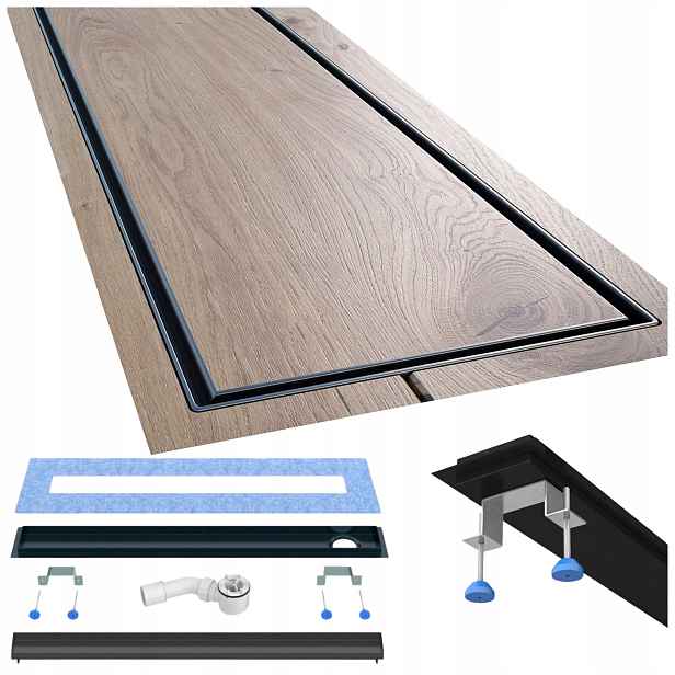 Lineární odtok 60 cm boční černý pod dlažbu Waterway, kompletní sada