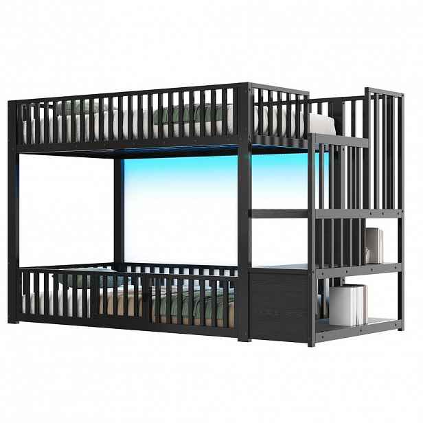 OKWISH PATROVÁ postel 90/200 cm černá z MDF a kovu s LED osvětlením a úložným schodištěm