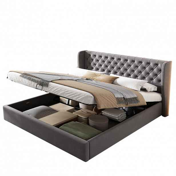 OKWISH ČALOUNĚNÁ postel 160/200 cm šedá ze sametu s hydraulickým úložným prostorem a čelem Chesterfield