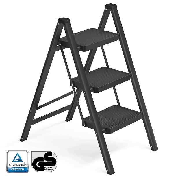 Žebřík z oceli s 3 stupni, protiskluzový, 150 kg, černý, domácí