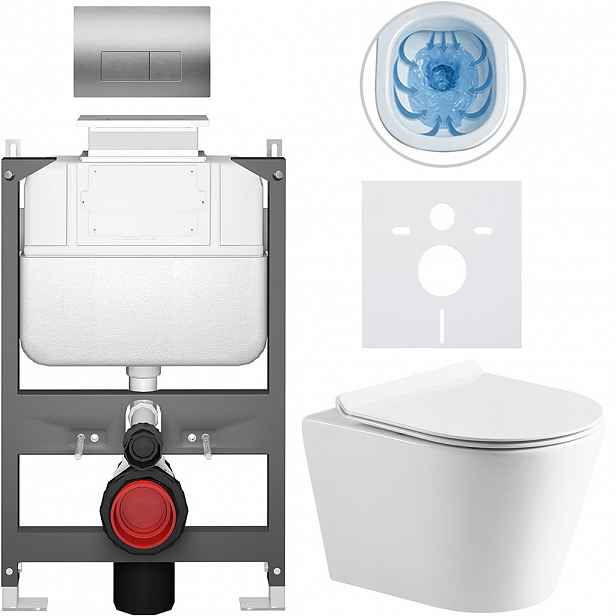 Kompletní WC set Basic/Carlito - bílá lesklá - WC tlačítko Modulo/Stříbrná - ovládání shora - předstěnová instalace - 48,5x36,5 cm