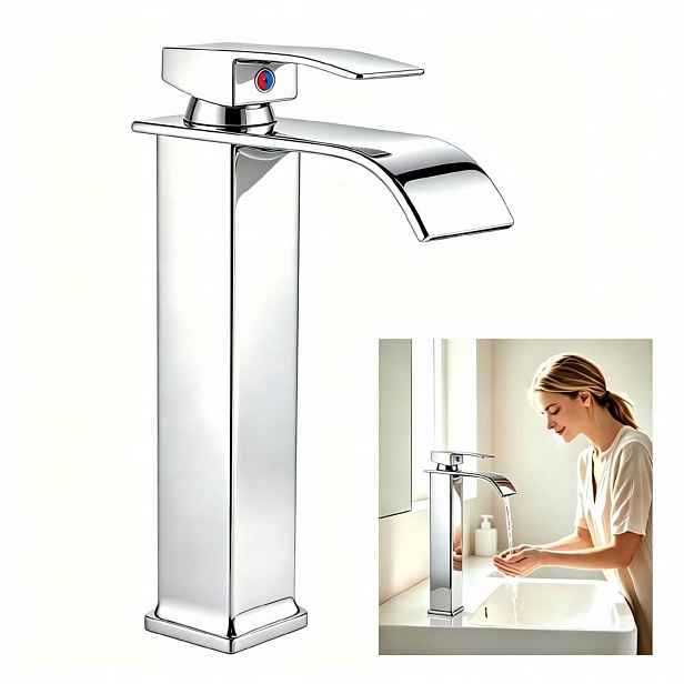 Stříbrná Umyvadlová Stojánková Baterie Vodopád Cubic Koupelnová Baterie Umyvadla