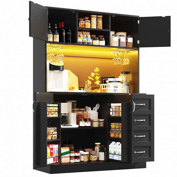 OKWISH PŘÍBORNÍK 120/40/188 cm černý z MDF s LED osvětlením a držáky na nápoje