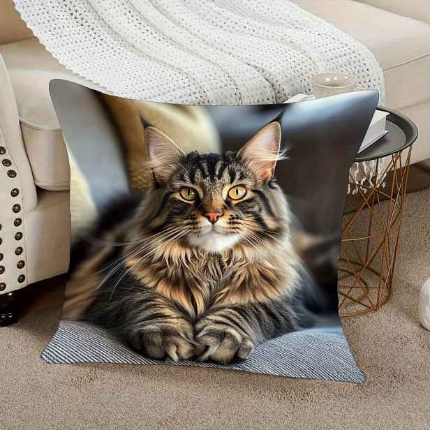 TEMU Roztomilý plyšový povlak na polštář s jednobarevným potiskem kočky Maine Coon o rozměrech 45,72 x 45,72 cm, s moderním designem a zapínáním na