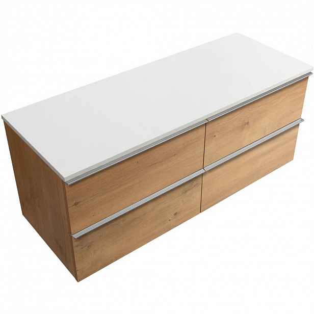 Koupelnová skříňka Velora - dub medový, úchytka chrom + deska z lit. mramoru Elanys - 12 mm - bílá matná - 140x54,2x46,5 cm
