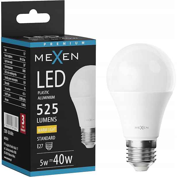 Mexen Nova Led Žárovka E27 A60 5W Teplá Bílá 3000K 525 LM