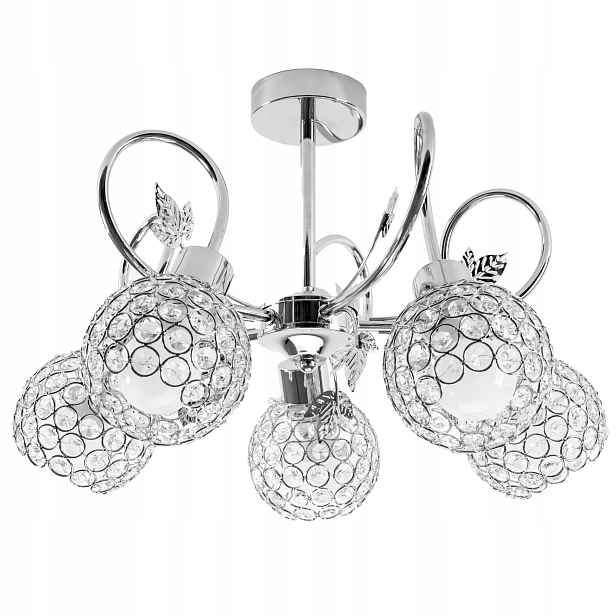 Stropní Svítidlo Chrom Glamour s krystaly 50 cm Dekor Listy Kovové 5xE27