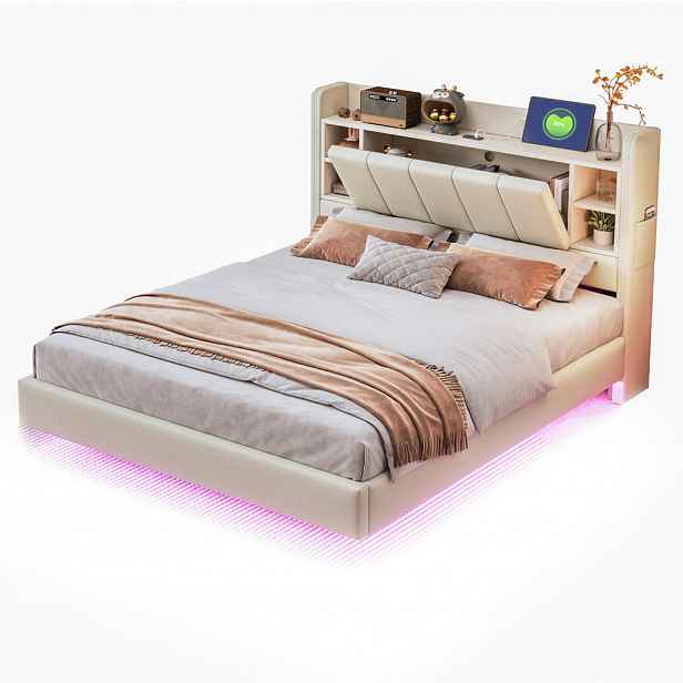 Modfu ČALOUNĚNÁ postel z lněné látky 140x200 cm béžová s LED osvětlením, USB portem a úložným prostorem