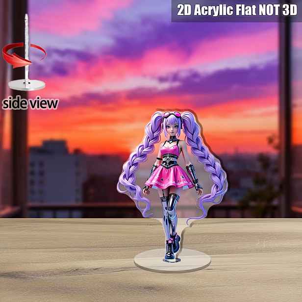 TEMU 2D Plochá, 2D Plochá Anime Figurka Dívky s 360° Otočnou Základnou - Růžové Šaty, Fialové Copánky & Stříbrné Boty - Elegantní Moderní Dekorace,