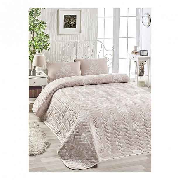 Set přehozu přes postel a 2 povlaků na polštář s příměsí bavlny EnLora Home Kralice Pink, 200 x 220 cm