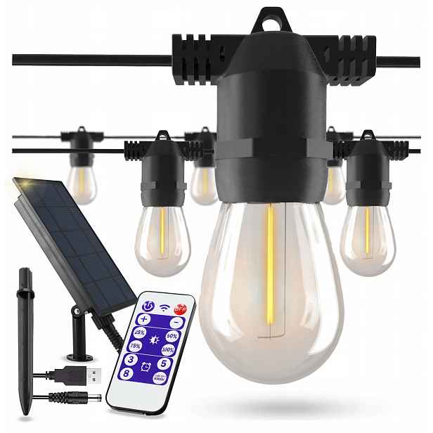 Solární zahradní girlanda Solární lampy 10 m 10 x Led žárovka E27 Dálkový Ovladač