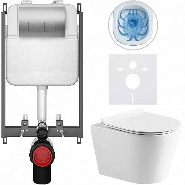 Kompletní WC set Basic/Carlito - bílá lesklá - WC tlačítko Modulo/Stříbrná - pro zazdění - 48,5x36,5 cm