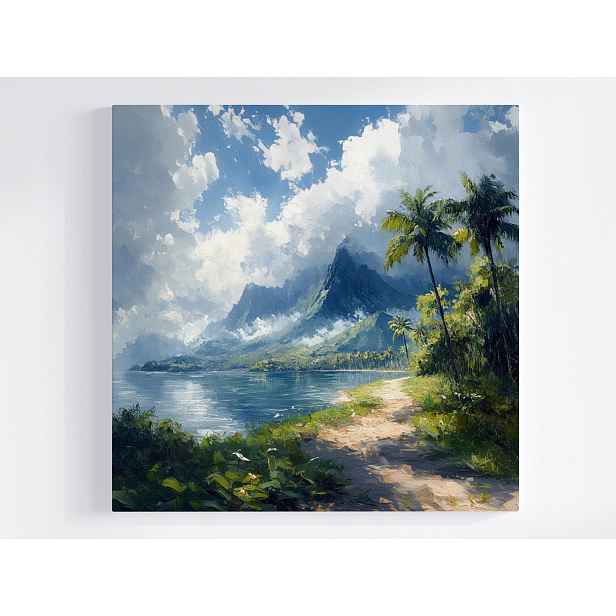 Obraz Na Plátně Canvas Krajina Havaj Hory Vrcholky Oceán Pláž Palmy 50x50