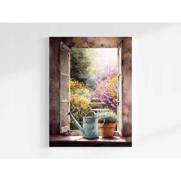 Obraz Na Plátně Canvas Pohled Na Okno Zahrada Barevné Květiny Jaro Léto 60x80