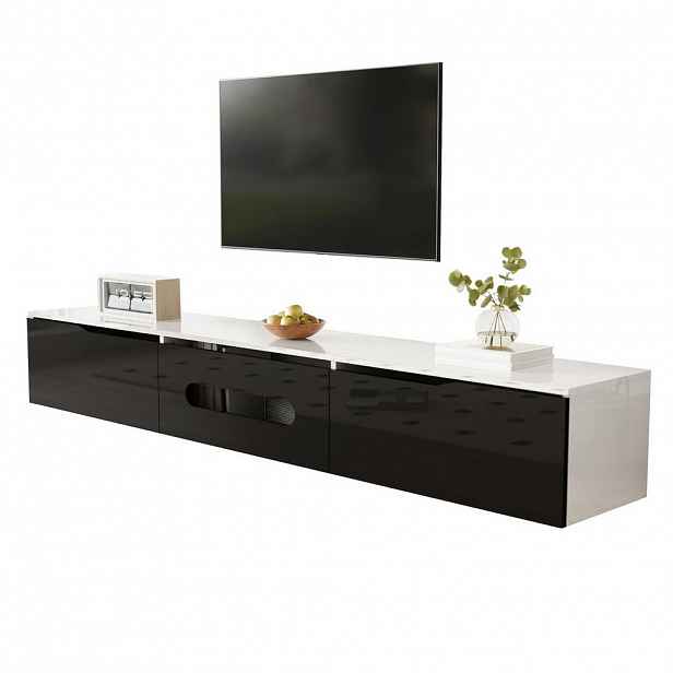 Modfu TV stolek z MDF a dřevotřísky 180x35x30 cm černobílý s LED osvětlením, tichým dovíráním a montáží na stěnu