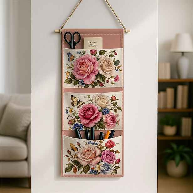 TEMU 1ks Vintage květinová nástěnná úložná taška s růžovými růžemi a designem - Vícevrstvé zavěšení vhodné do obývacího pokoje, ložnice, koupelny -