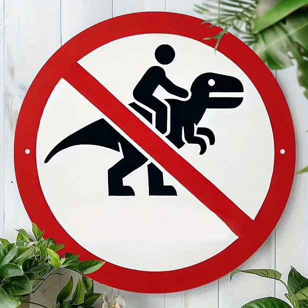 TEMU 2D plochá, 1ks humorná umělecká cedule s dinosaurem - Žádné jezdit na dinosaurech, kulatá dřevěná plaketa, tisk ve vysokém rozlišení, voděodolná