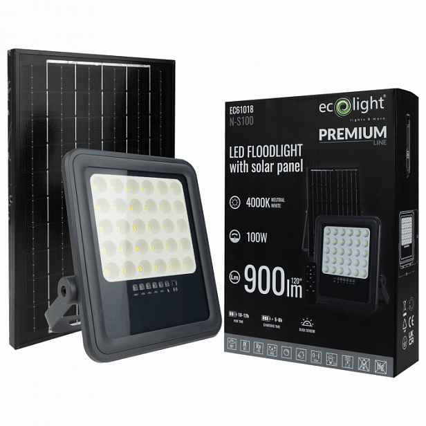 Led Osvětlovač Solární Panel 100W Dálkový Ovladač Senzor Soumraku IP65 Neutrální